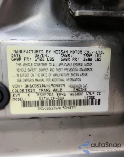 2004 Nissan Sentra 1.8 z USA, uszkodzony, nr VIN 3N1CB51D64L904579